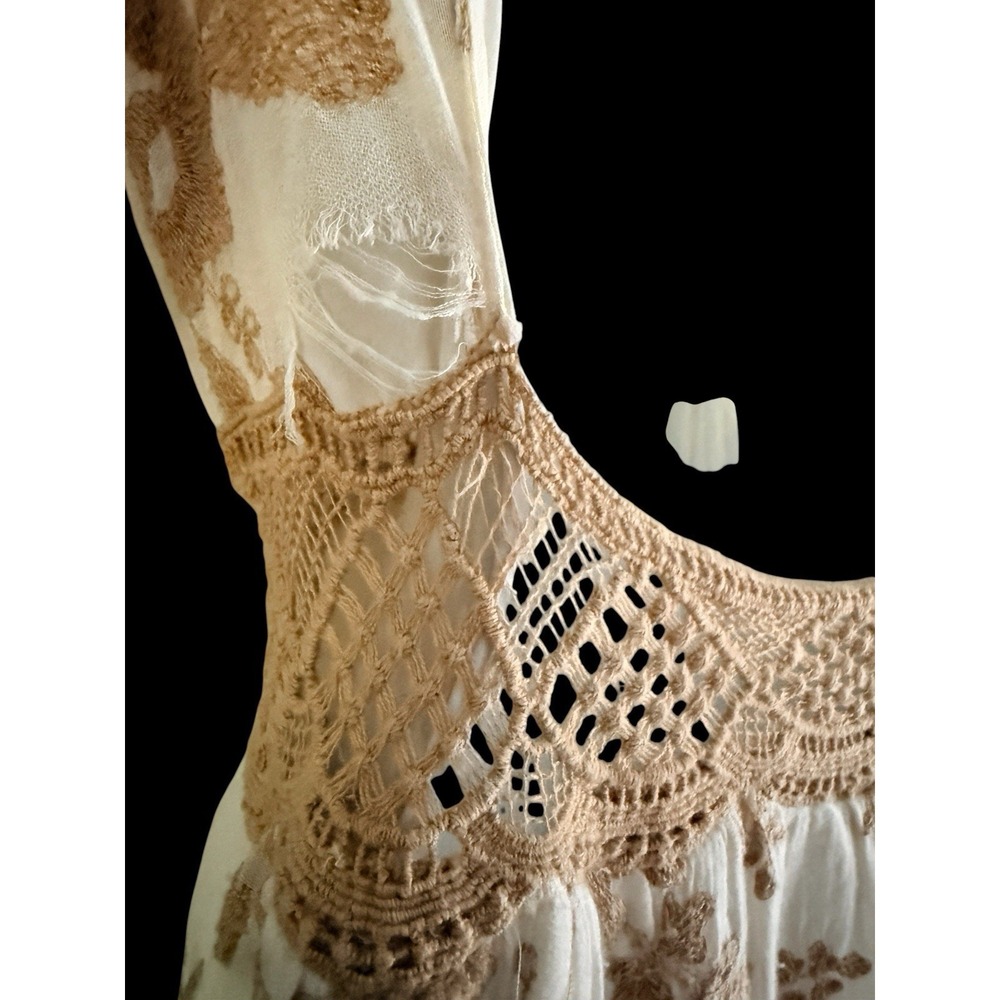 ZARA Trafaluc Maxi Dress M White Embroidered Boho Open Back Crochet Lace Beige - Picture 11 of 14